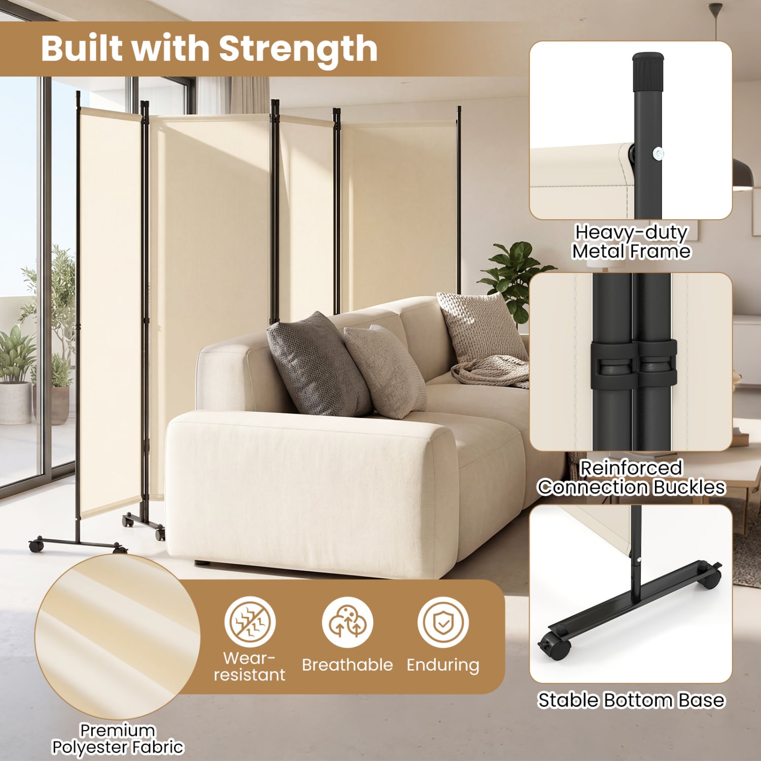 4-Panel Room Divider with Lockable Wheels for Living Room, Beige Room Dividers at Gallery Canada