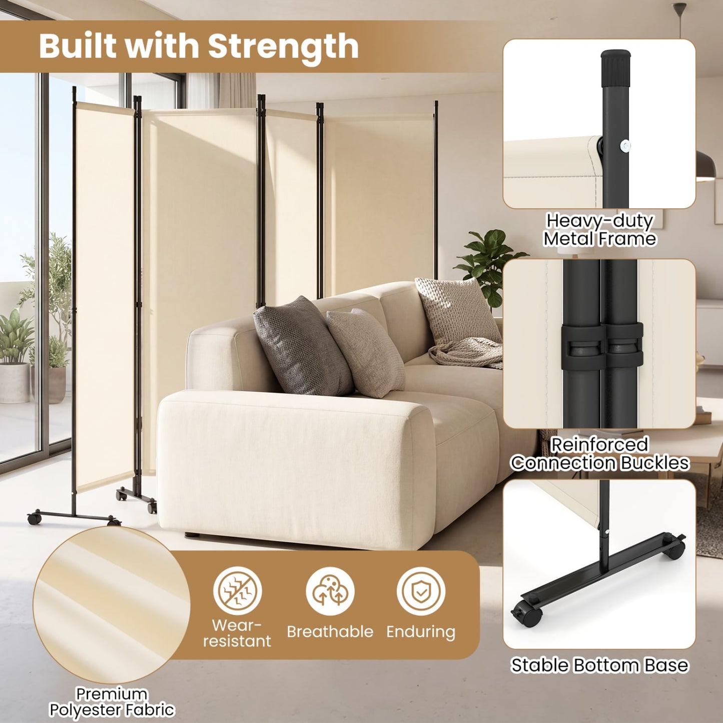 4-Panel Room Divider with Lockable Wheels for Living Room, Beige Room Dividers at Gallery Canada