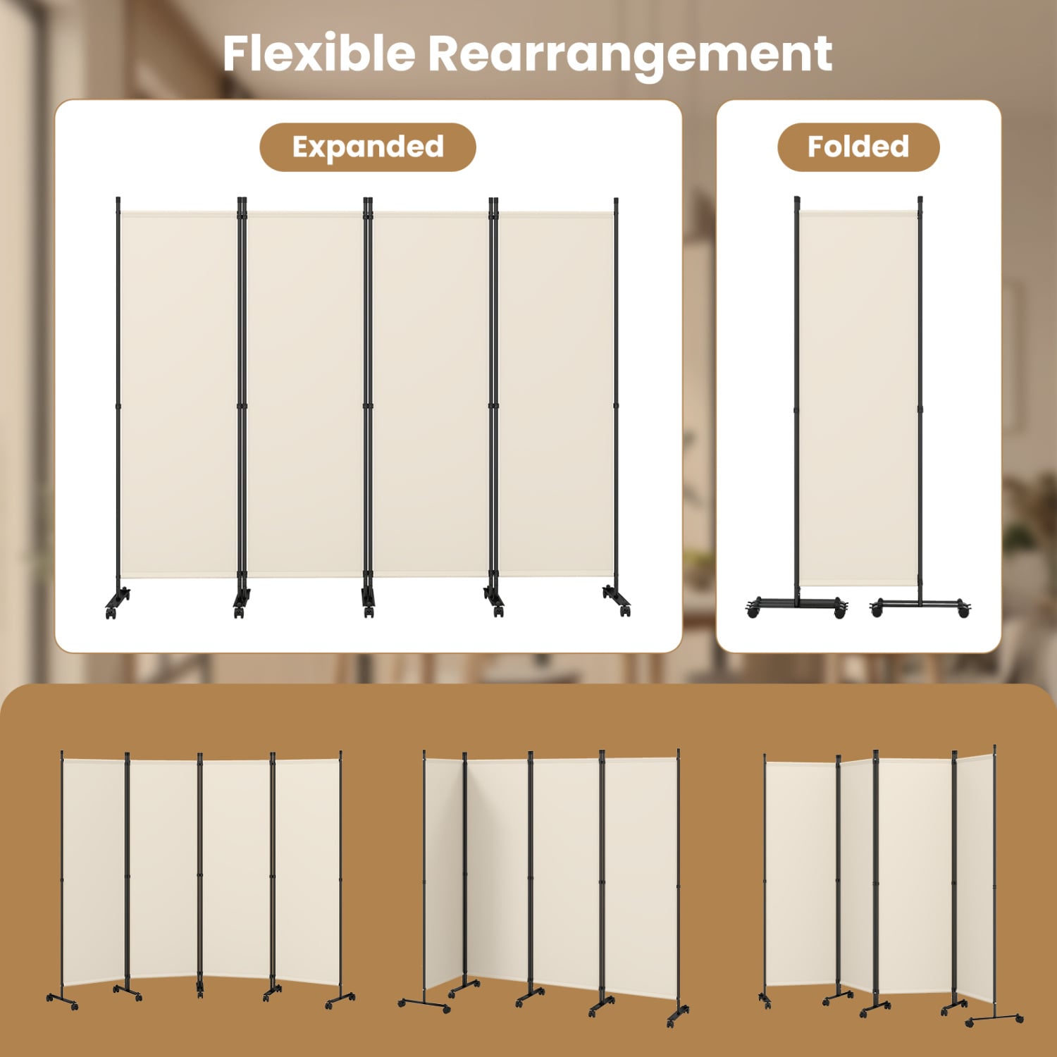 4-Panel Room Divider with Lockable Wheels for Living Room, Beige Room Dividers at Gallery Canada