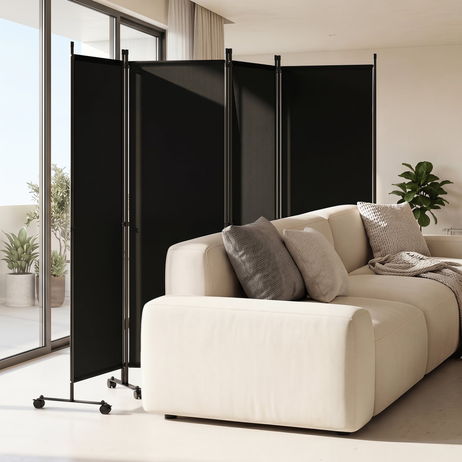 4-Panel Room Divider with Lockable Wheels for Living Room, Black Room Dividers at Gallery Canada