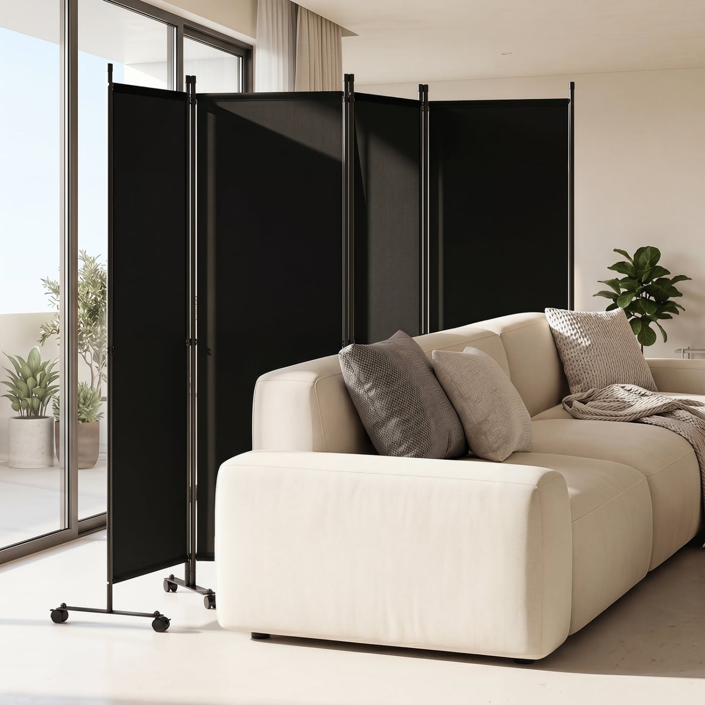 4-Panel Room Divider with Lockable Wheels for Living Room, Black Room Dividers at Gallery Canada