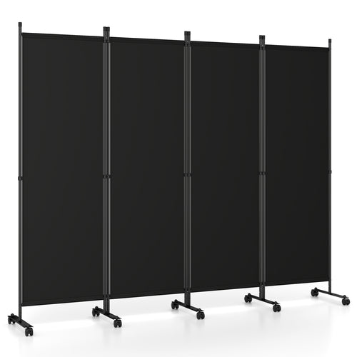 4-Panel Room Divider with Lockable Wheels for Living Room, Black
