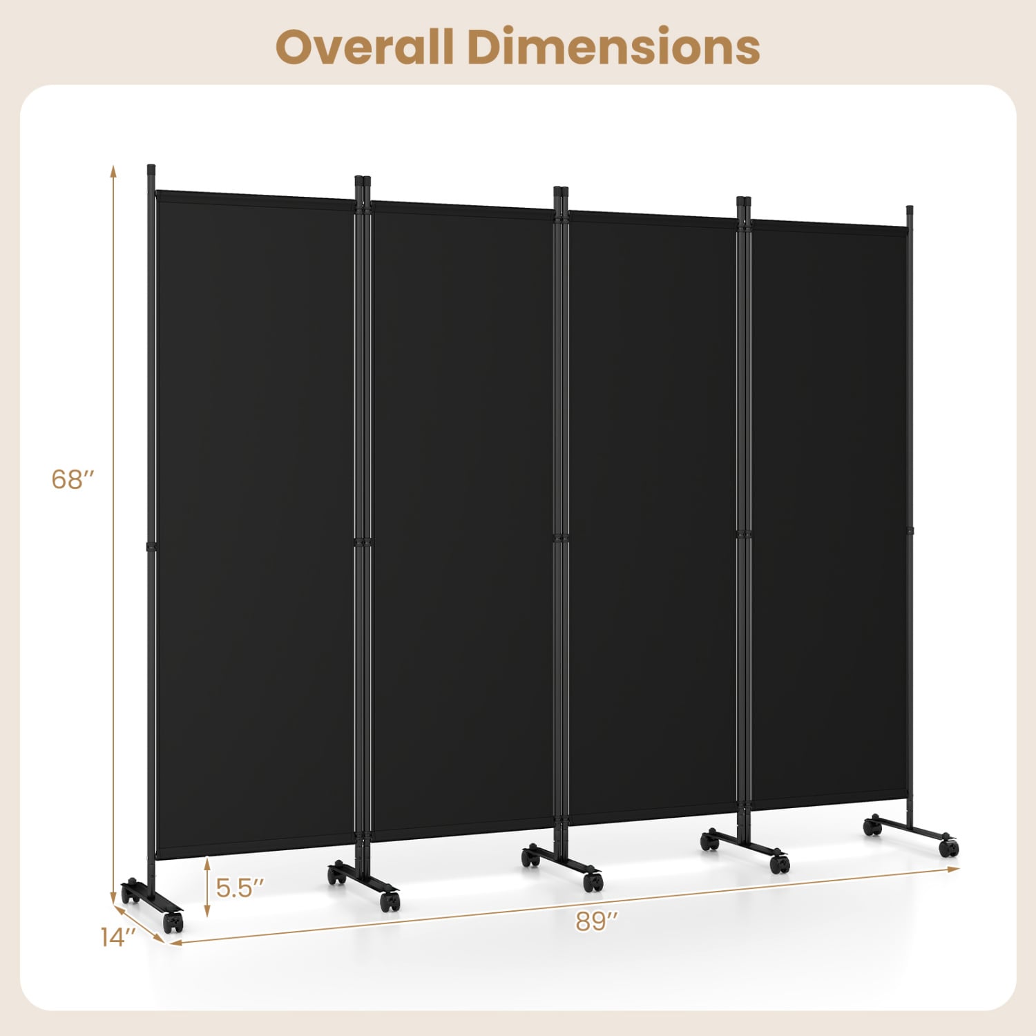 4-Panel Room Divider with Lockable Wheels for Living Room, Black Room Dividers at Gallery Canada
