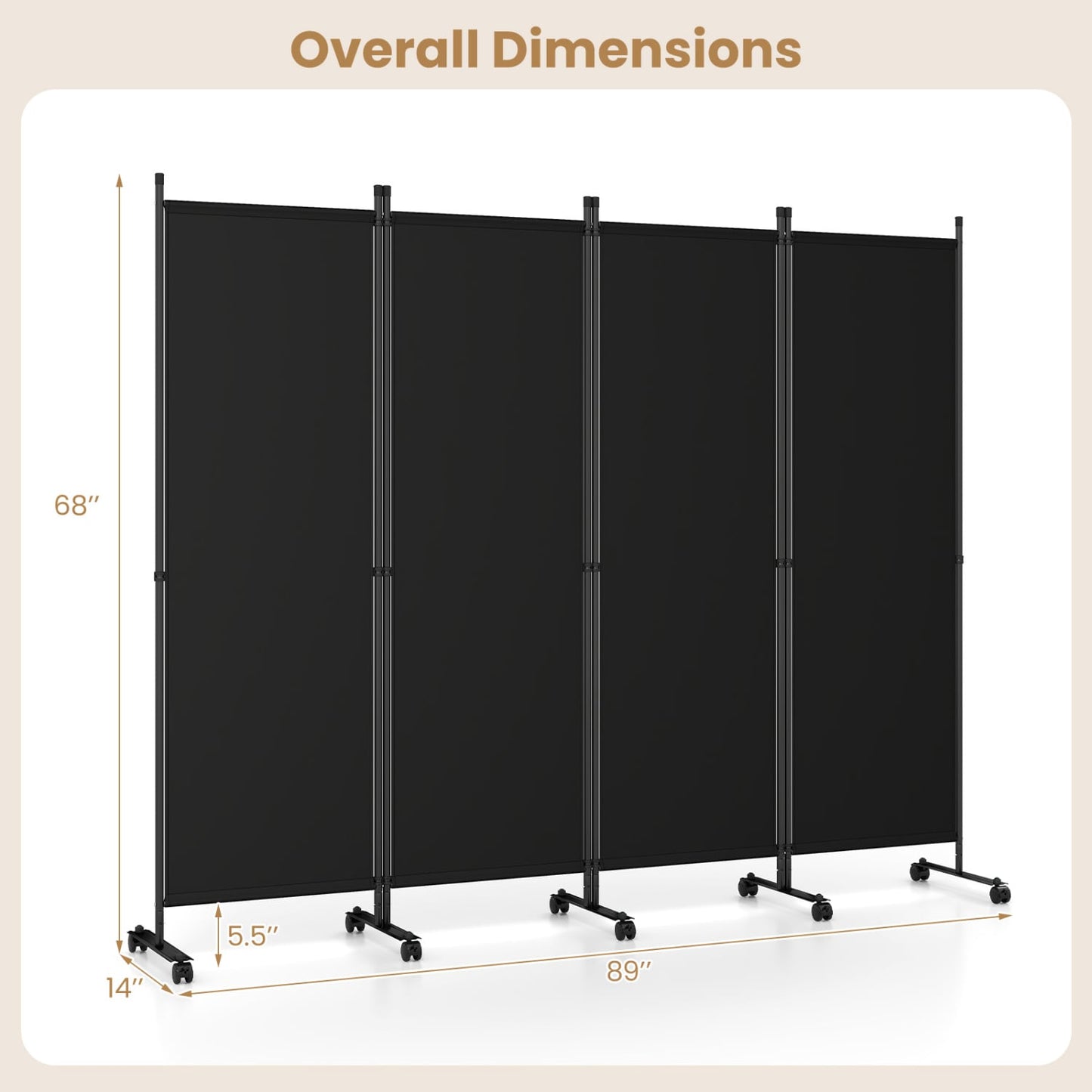 4-Panel Room Divider with Lockable Wheels for Living Room, Black Room Dividers at Gallery Canada