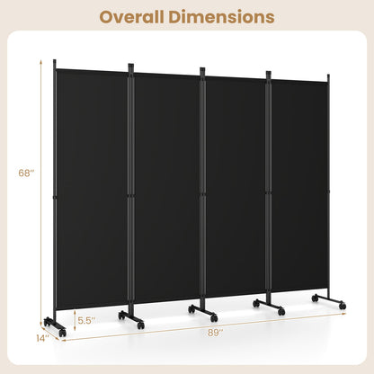 4-Panel Room Divider with Lockable Wheels for Living Room, Black Room Dividers at Gallery Canada