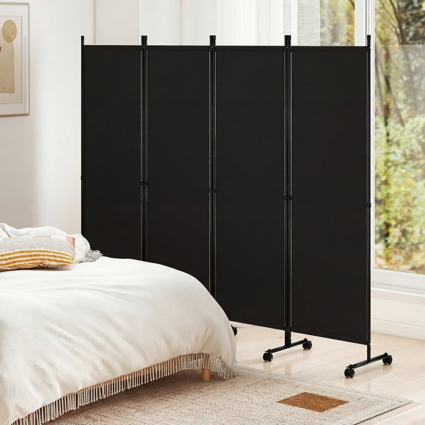 4-Panel Room Divider with Lockable Wheels for Living Room, Black Room Dividers at Gallery Canada