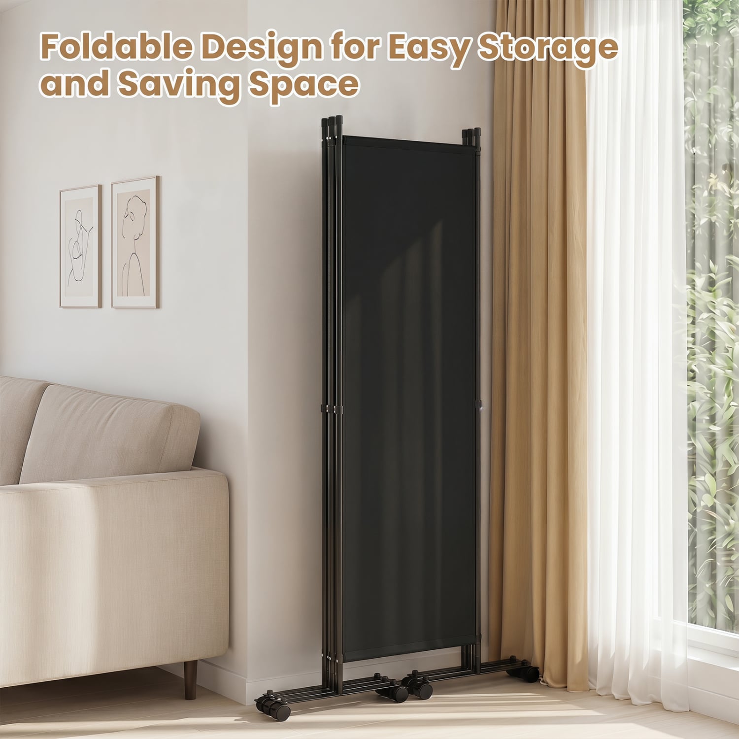 4-Panel Room Divider with Lockable Wheels for Living Room, Black Room Dividers at Gallery Canada