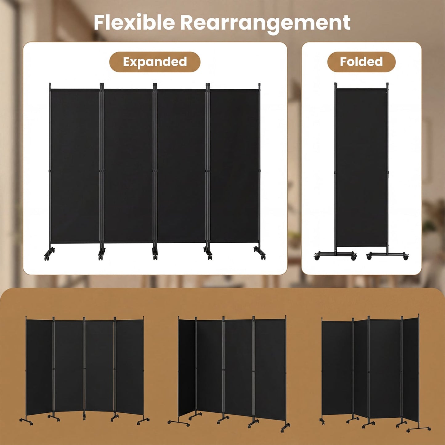 4-Panel Room Divider with Lockable Wheels for Living Room, Black Room Dividers at Gallery Canada