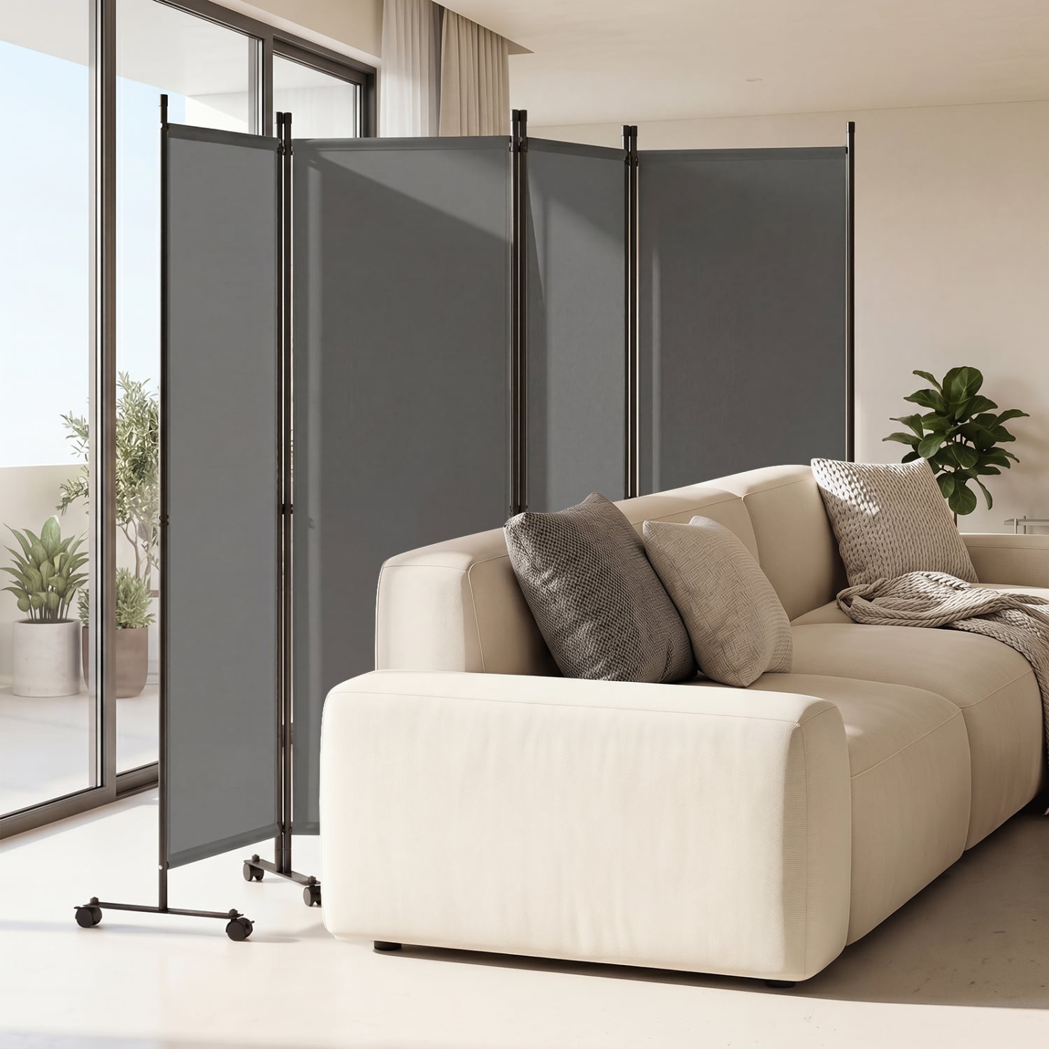 4-Panel Room Divider with Lockable Wheels for Living Room, Gray Room Dividers at Gallery Canada