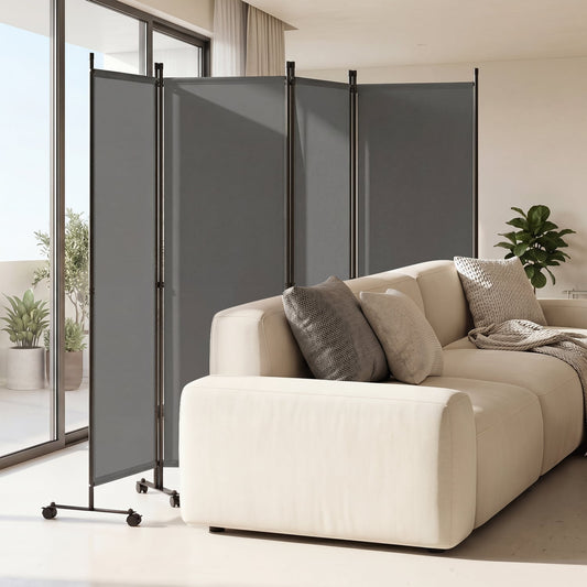 4-Panel Room Divider with Lockable Wheels for Living Room, Gray Room Dividers Gray at Gallery Canada