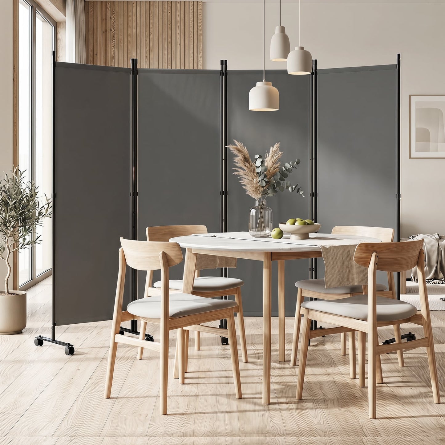 4-Panel Room Divider with Lockable Wheels for Living Room, Gray Room Dividers at Gallery Canada