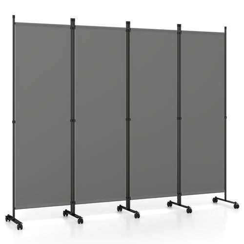 4-Panel Room Divider with Lockable Wheels for Living Room, Gray