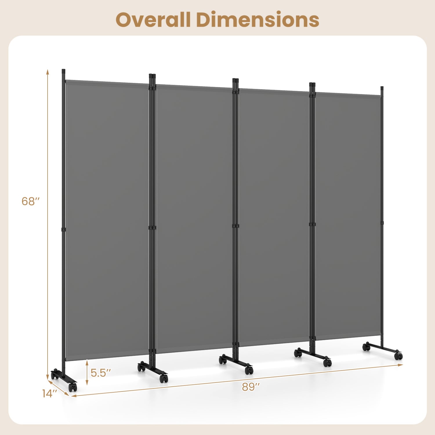 4-Panel Room Divider with Lockable Wheels for Living Room, Gray Room Dividers at Gallery Canada