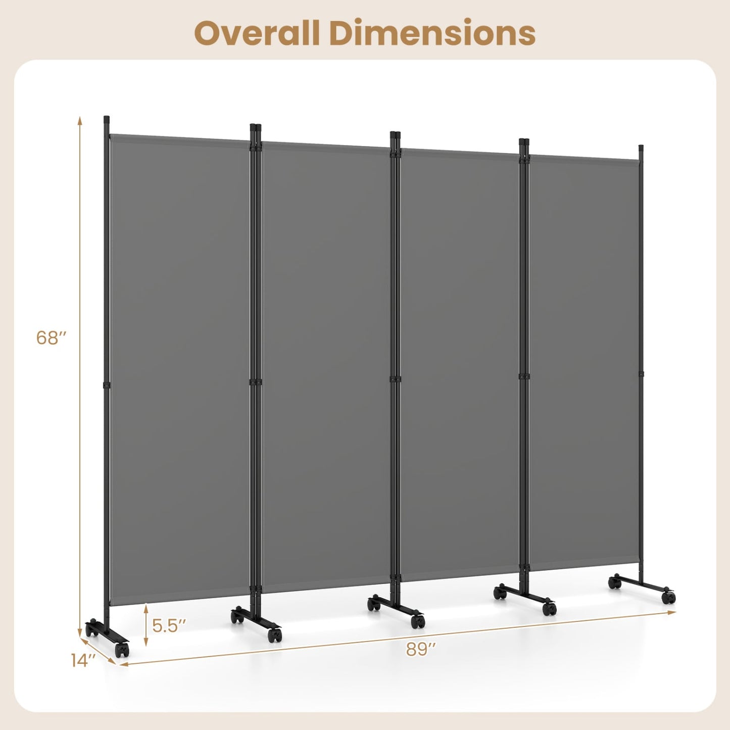 4-Panel Room Divider with Lockable Wheels for Living Room, Gray Room Dividers at Gallery Canada