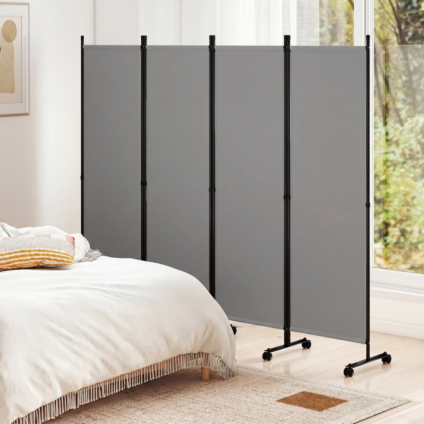 4-Panel Room Divider with Lockable Wheels for Living Room, Gray Room Dividers at Gallery Canada