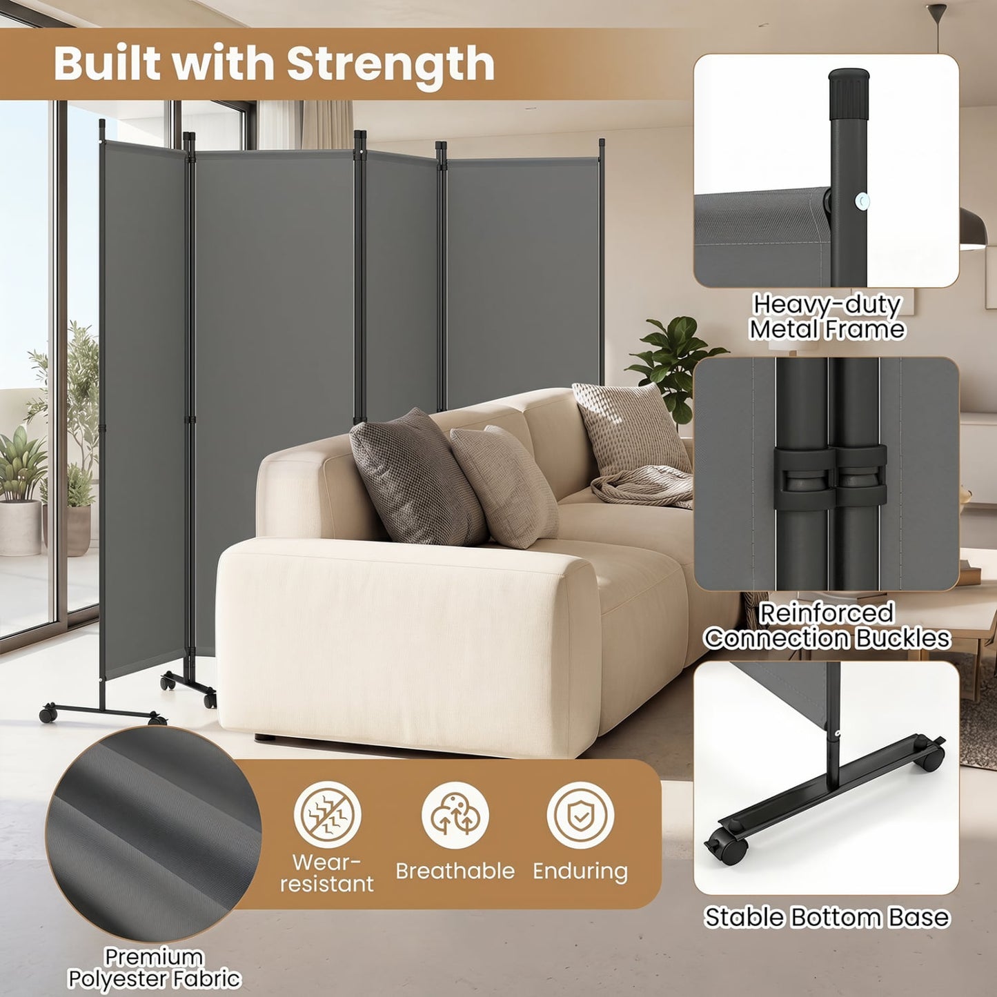 4-Panel Room Divider with Lockable Wheels for Living Room, Gray Room Dividers at Gallery Canada