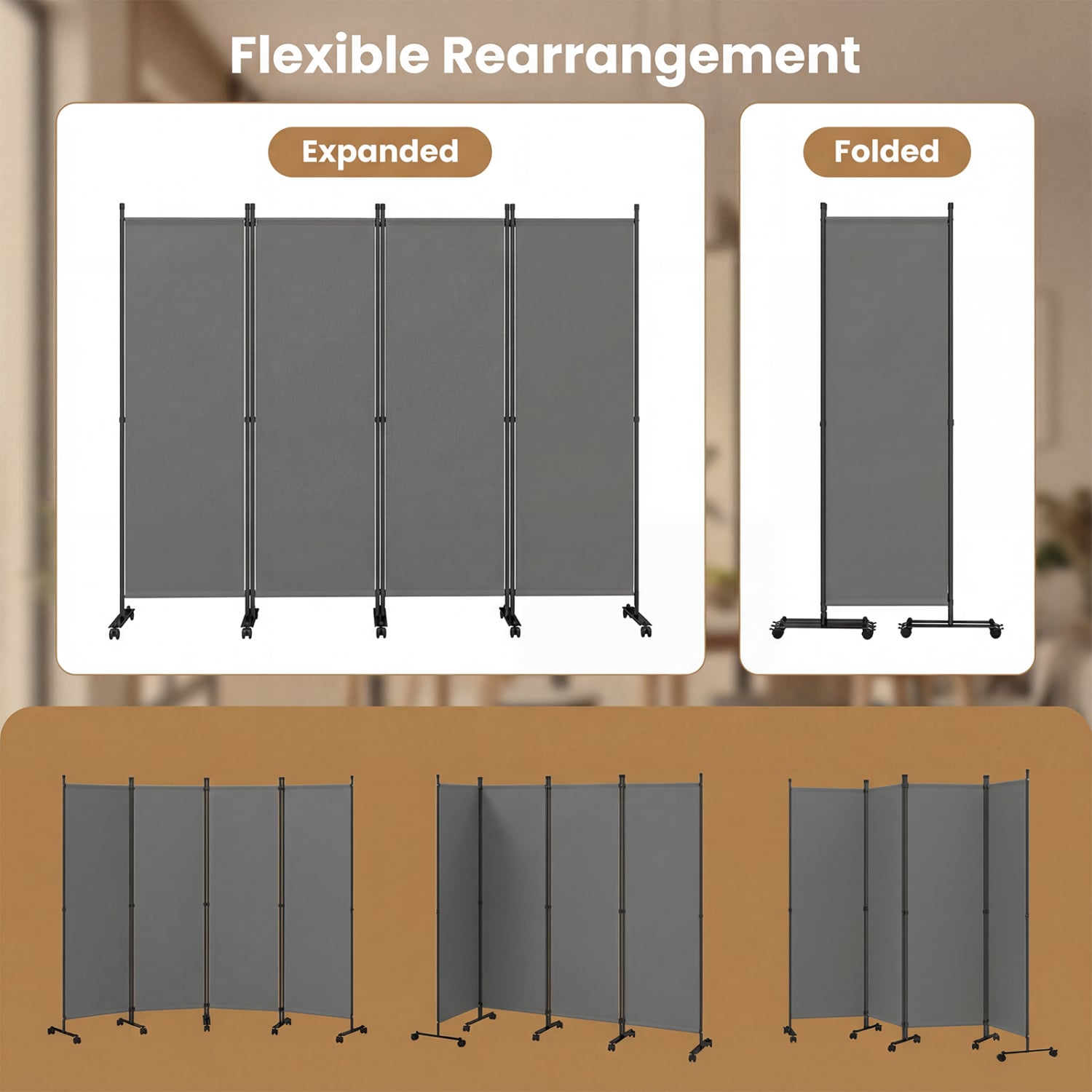 4-Panel Room Divider with Lockable Wheels for Living Room, Gray Room Dividers at Gallery Canada