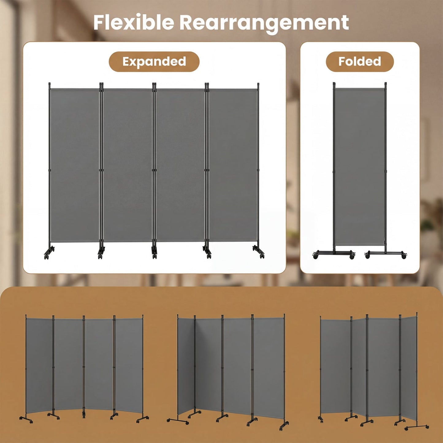 4-Panel Room Divider with Lockable Wheels for Living Room, Gray Room Dividers at Gallery Canada