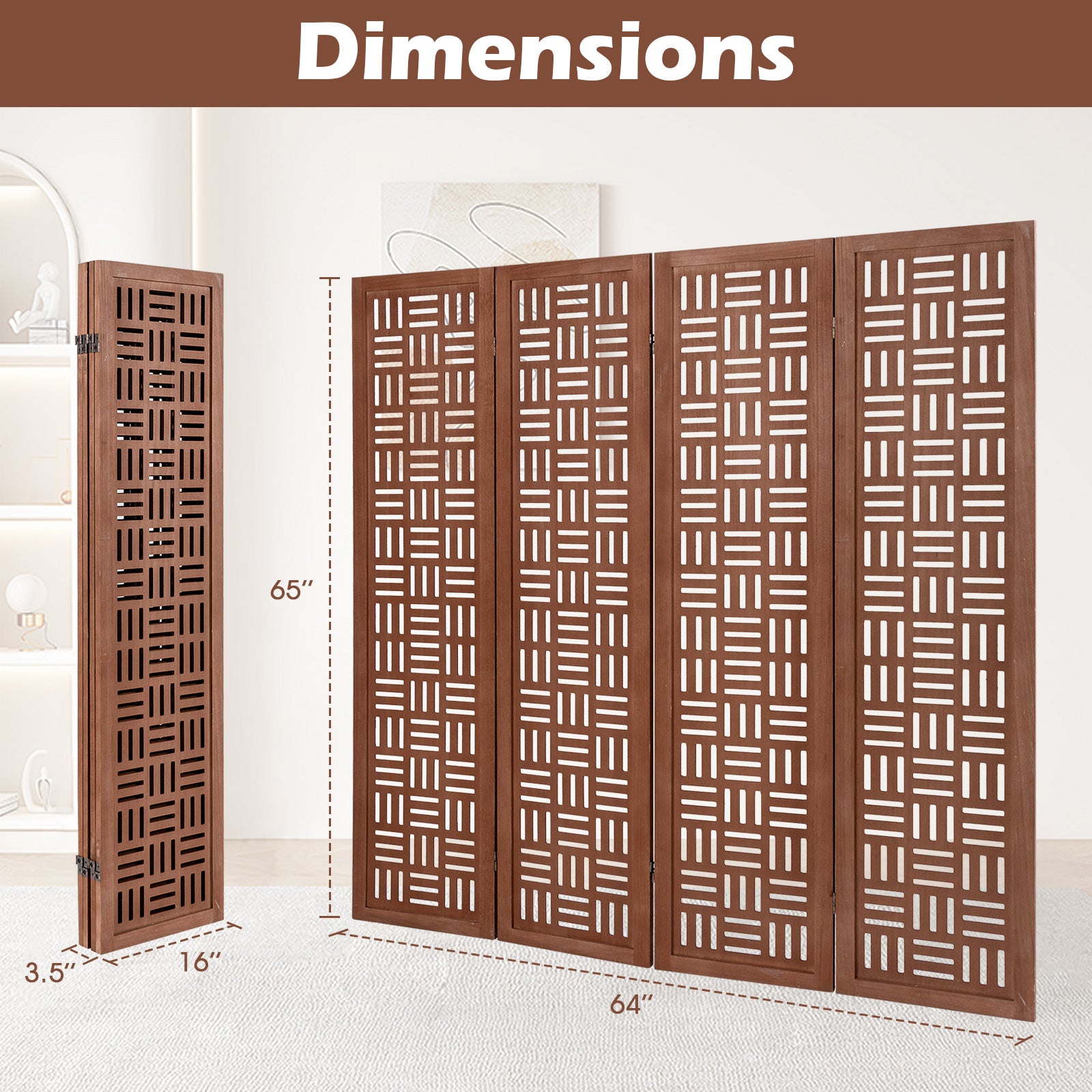 4-Panel Solid Wood Room Divider Folding Partition Stand, Walnut Room Dividers at Gallery Canada