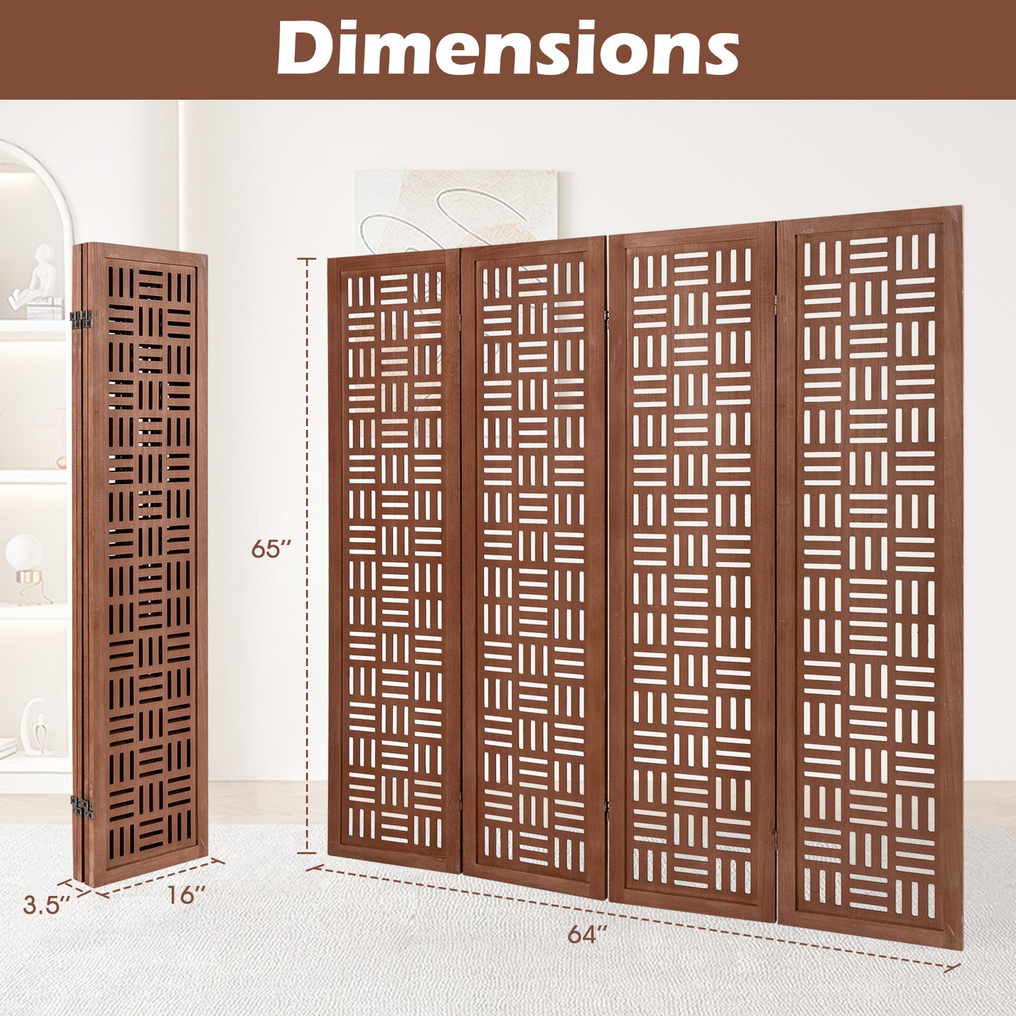 4-Panel Solid Wood Room Divider Folding Partition Stand, Walnut Room Dividers at Gallery Canada