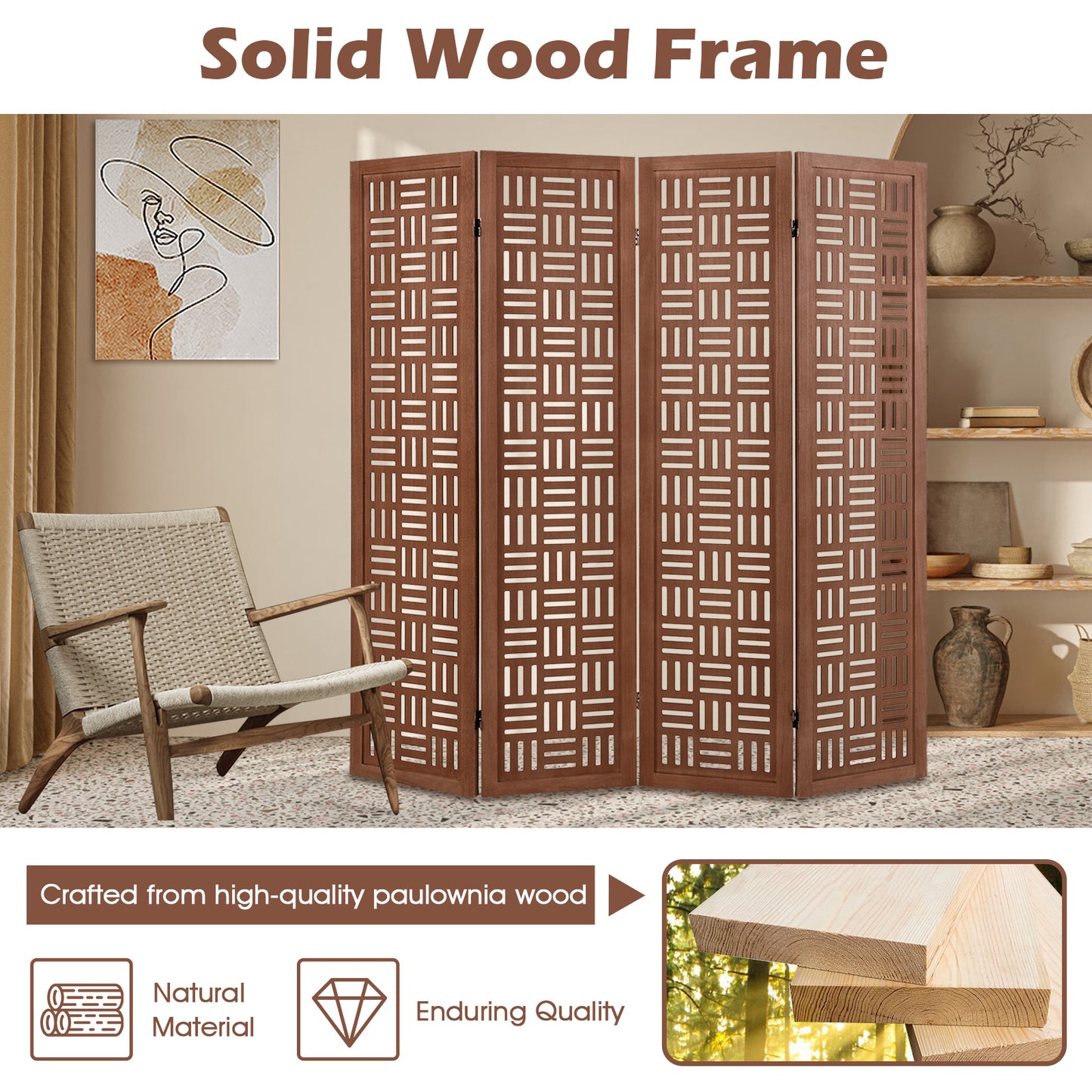 4-Panel Solid Wood Room Divider Folding Partition Stand, Walnut Room Dividers at Gallery Canada