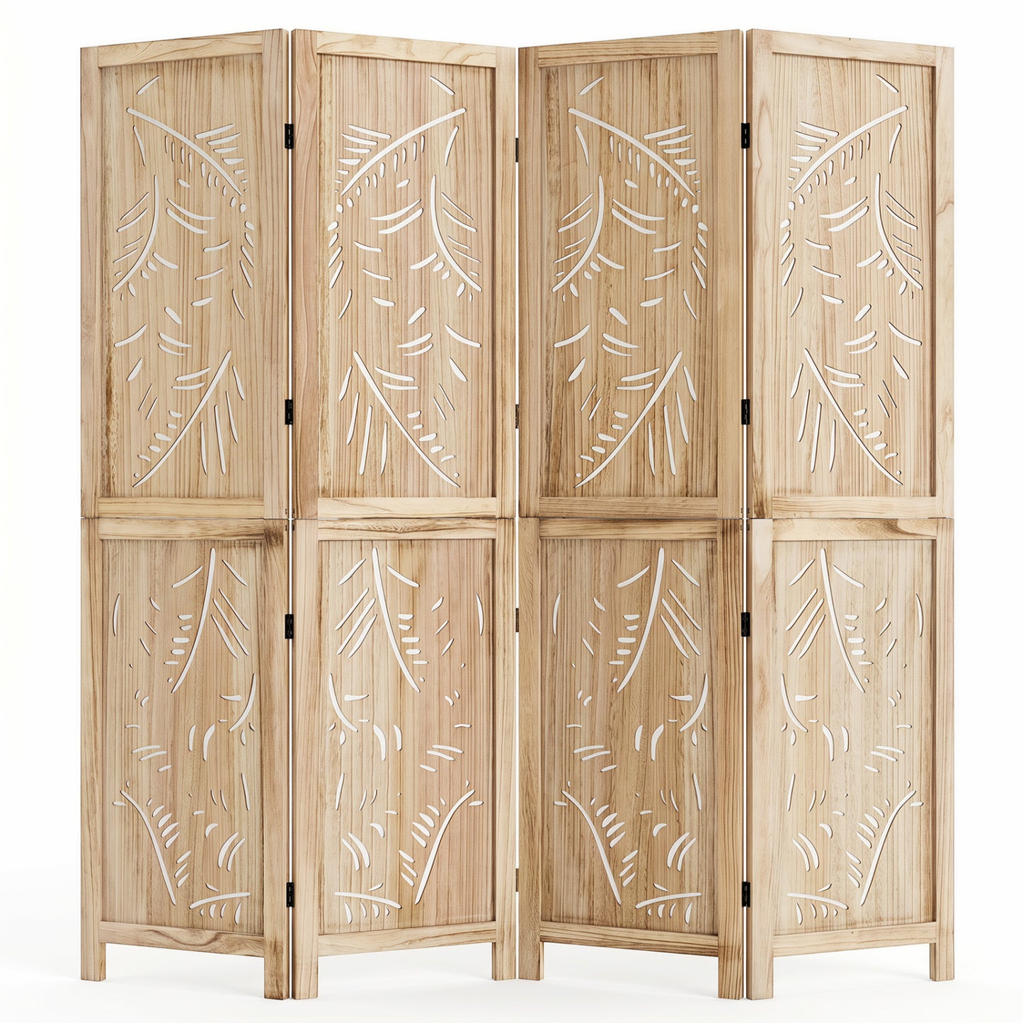 4-Panel Wooden Room Divider, Palm Leaf Design, Paulownia Frame