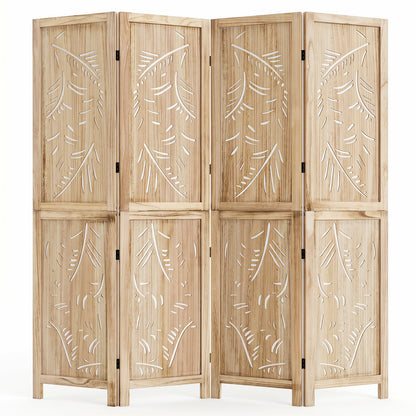 4-Panel Wooden Room Divider, Palm Leaf Design, Paulownia Frame