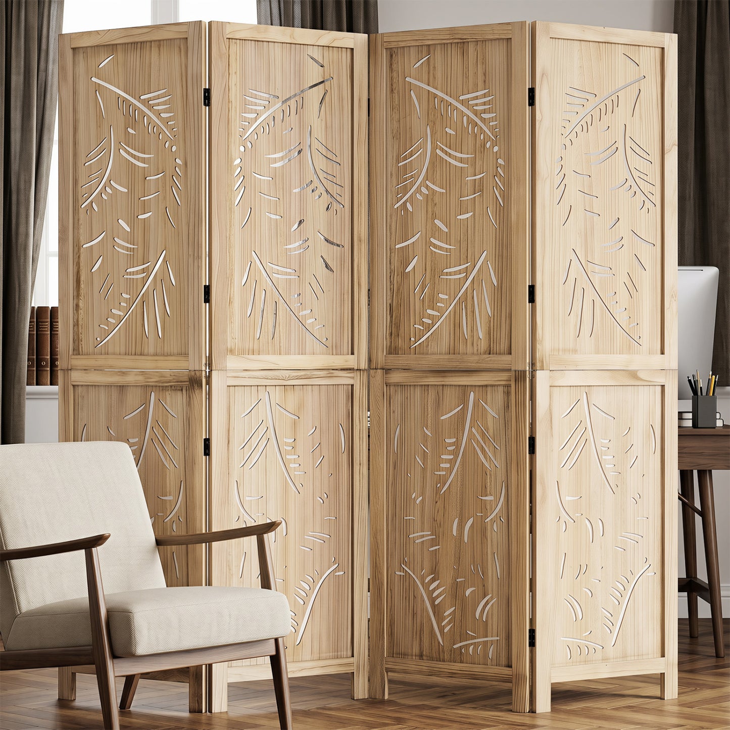 4-Panel Wooden Room Divider, Palm Leaf Design, Paulownia Frame