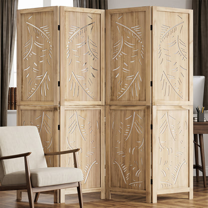 4-Panel Wooden Room Divider, Palm Leaf Design, Paulownia Frame