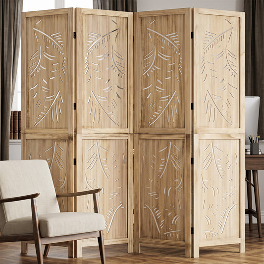 4-Panel Wooden Room Divider, Palm Leaf Design, Paulownia Frame Room Dividers Natural at Gallery Canada