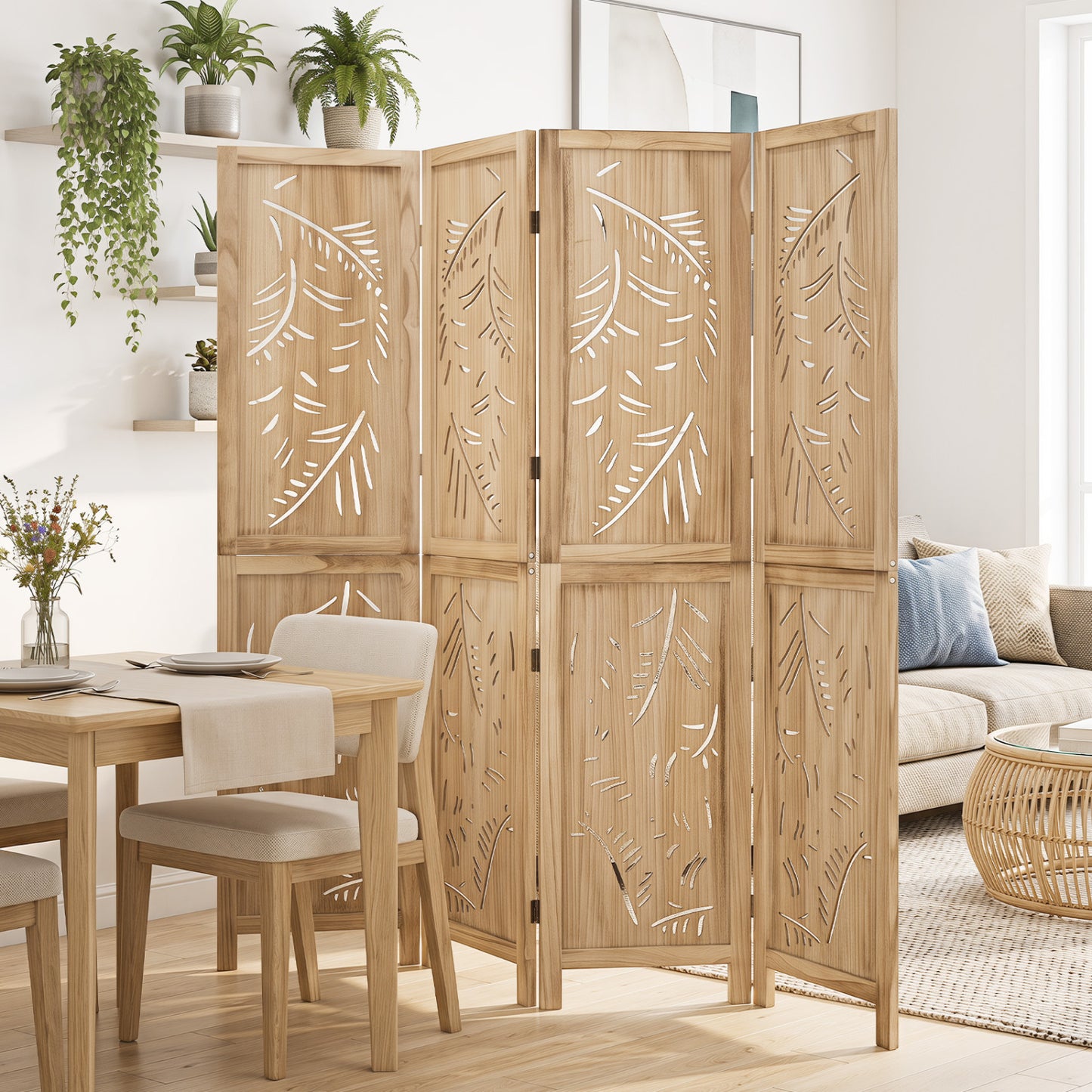 4-Panel Wooden Room Divider, Palm Leaf Design, Paulownia Frame