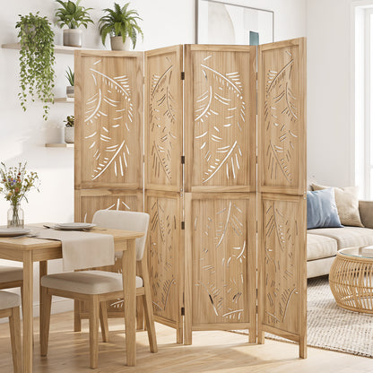4-Panel Wooden Room Divider, Palm Leaf Design, Paulownia Frame
