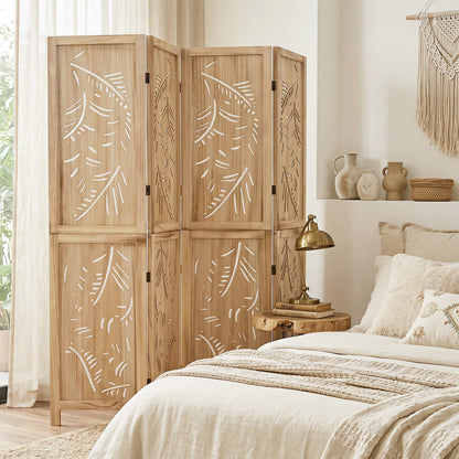 4-Panel Wooden Room Divider, Palm Leaf Design, Paulownia Frame