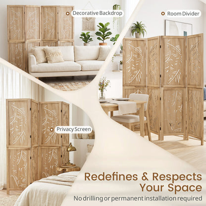 4-Panel Wooden Room Divider, Palm Leaf Design, Paulownia Frame