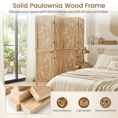 4-Panel Wooden Room Divider, Palm Leaf Design, Paulownia Frame