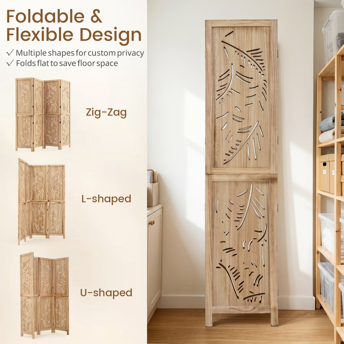 4-Panel Wooden Room Divider, Palm Leaf Design, Paulownia Frame