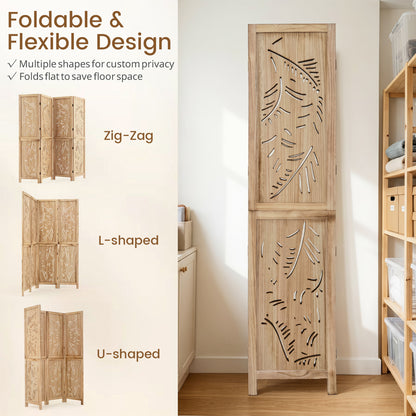4-Panel Wooden Room Divider, Palm Leaf Design, Paulownia Frame