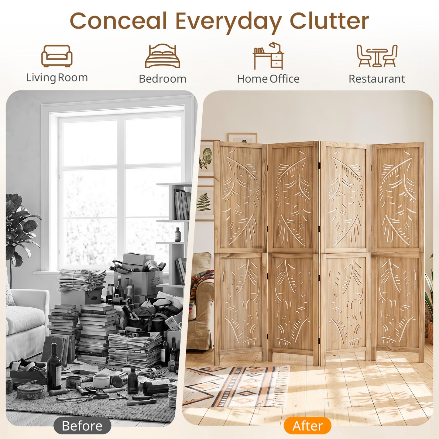 4-Panel Wooden Room Divider, Palm Leaf Design, Paulownia Frame