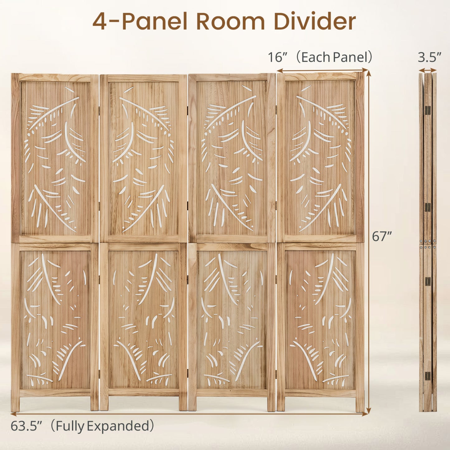 4-Panel Wooden Room Divider, Palm Leaf Design, Paulownia Frame