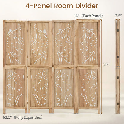 4-Panel Wooden Room Divider, Palm Leaf Design, Paulownia Frame