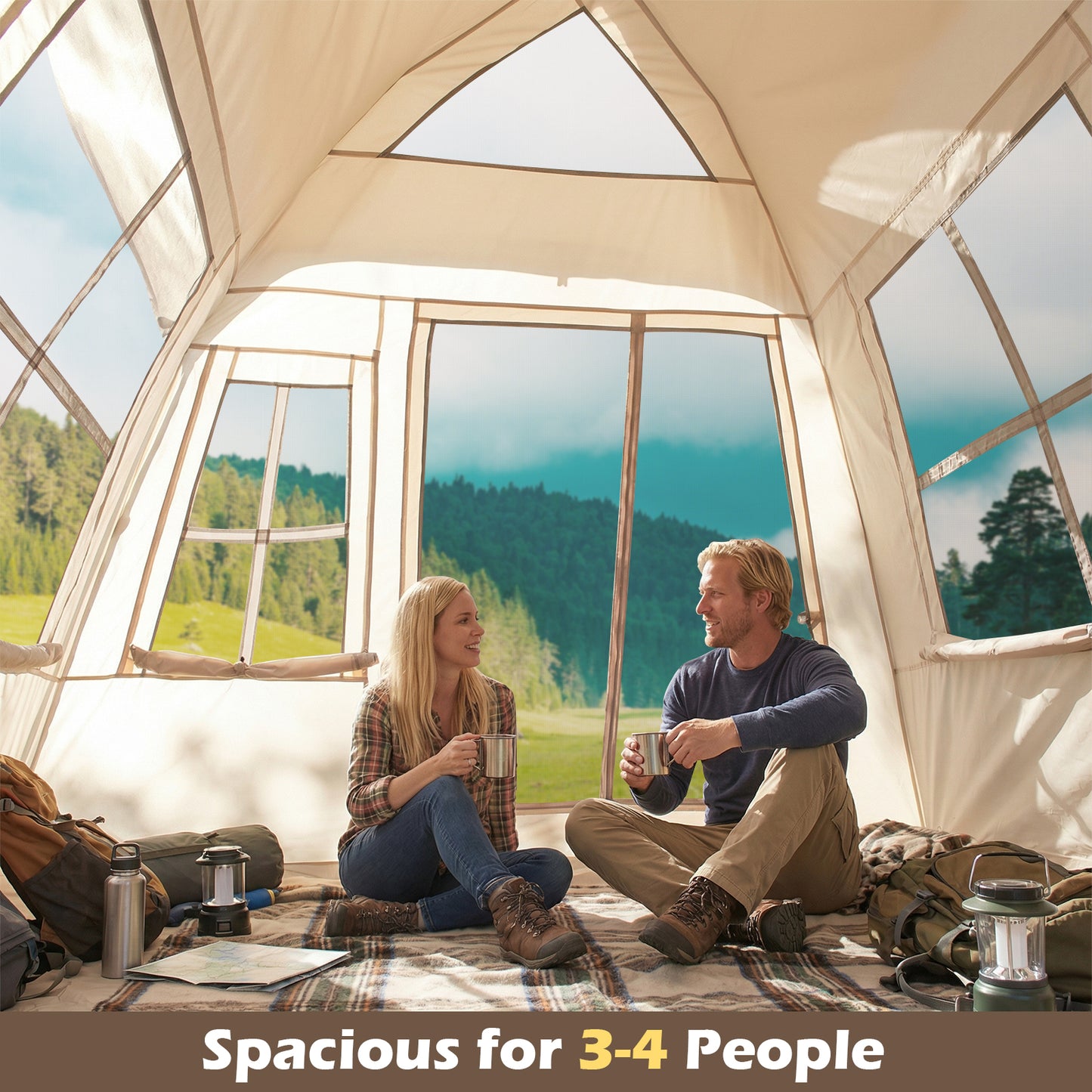4 Person Camping Tent Portable Automatic Easy Setup with Rainfly and 2 Doors, Beige Tents at Gallery Canada