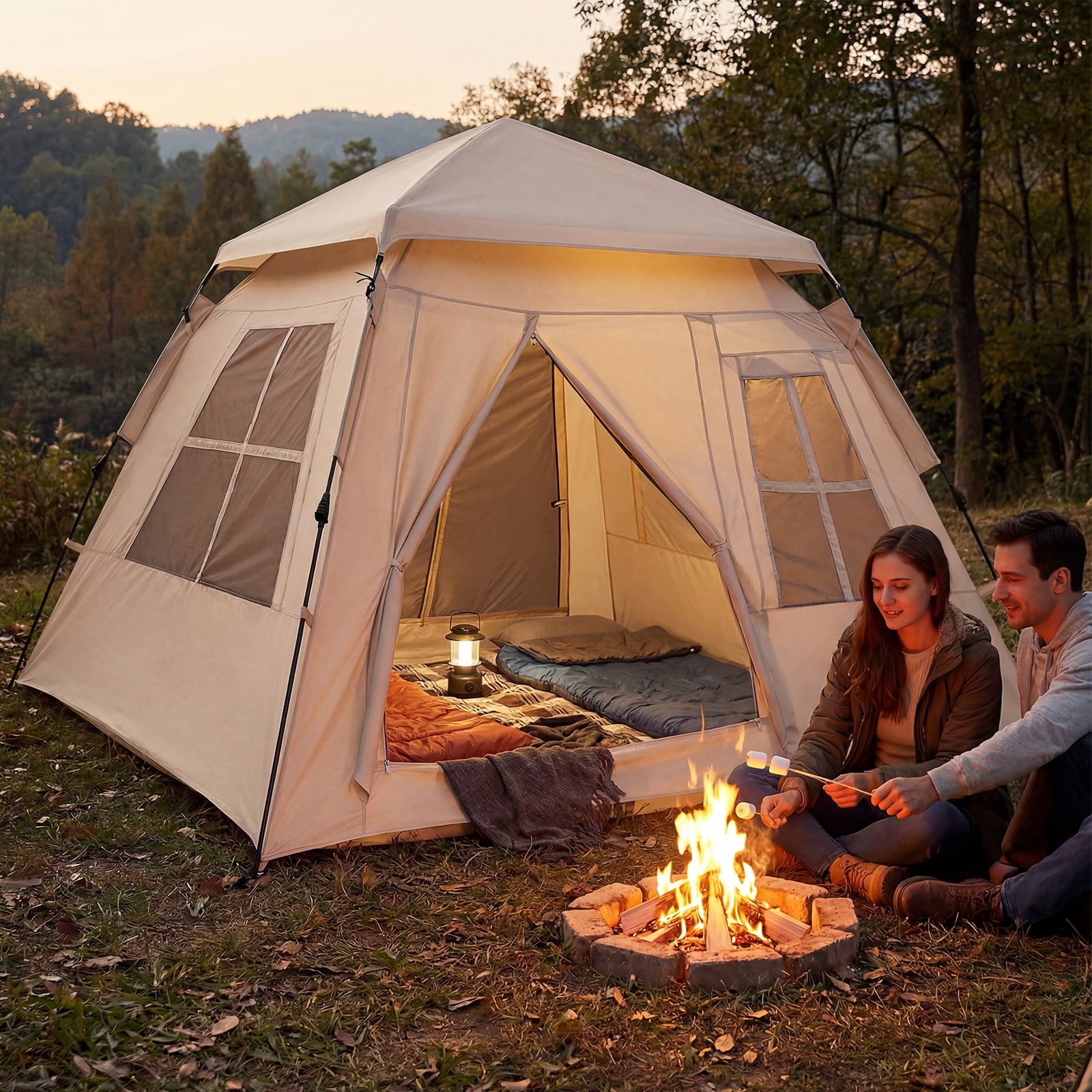 4 Person Camping Tent Portable Automatic Easy Setup with Rainfly and 2 Doors, Beige Tents at Gallery Canada