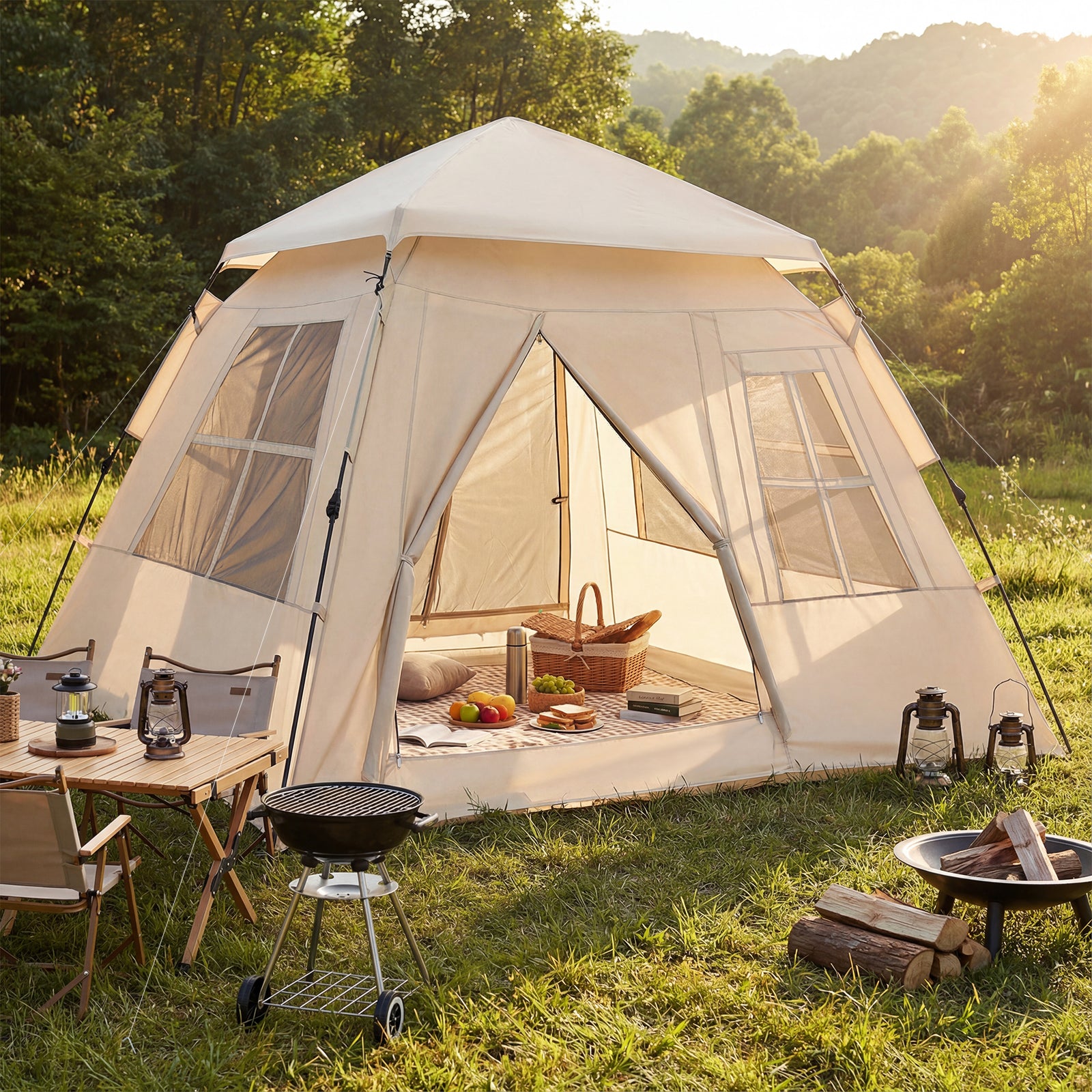 4 Person Camping Tent Portable Automatic Easy Setup with Rainfly and 2 Doors, Beige Tents at Gallery Canada