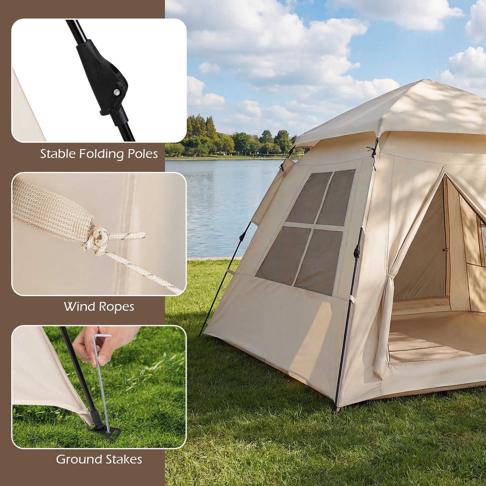 4 Person Camping Tent Portable Automatic Easy Setup with Rainfly and 2 Doors, Beige Tents at Gallery Canada
