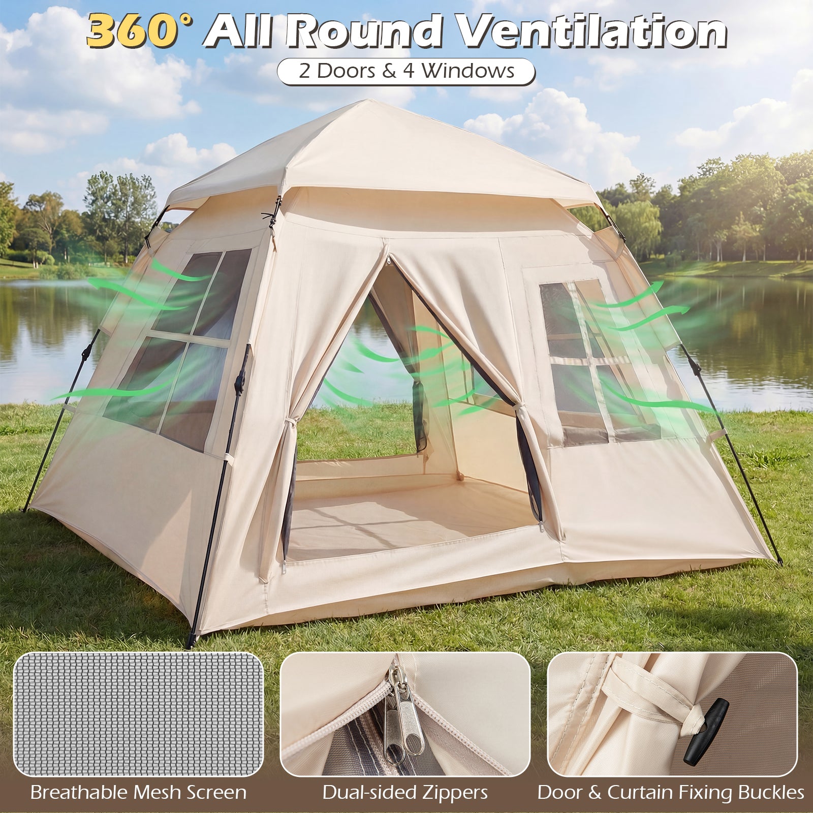 4 Person Camping Tent Portable Automatic Easy Setup with Rainfly and 2 Doors, Beige Tents at Gallery Canada