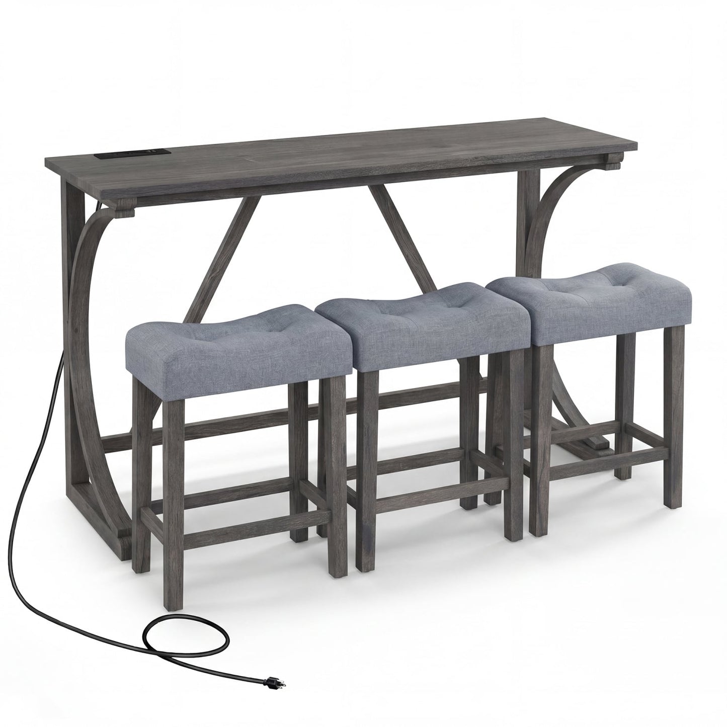 4-Piece Bar Table Set With Power Outlet, Black