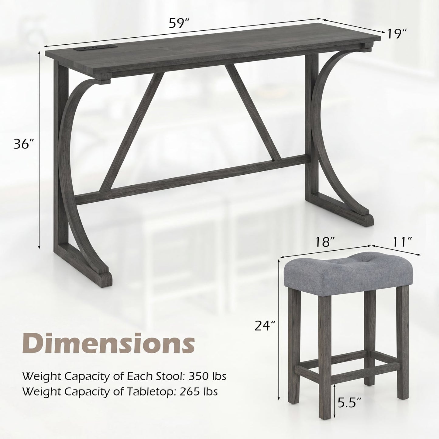 4-Piece Bar Table Set With Power Outlet, Black