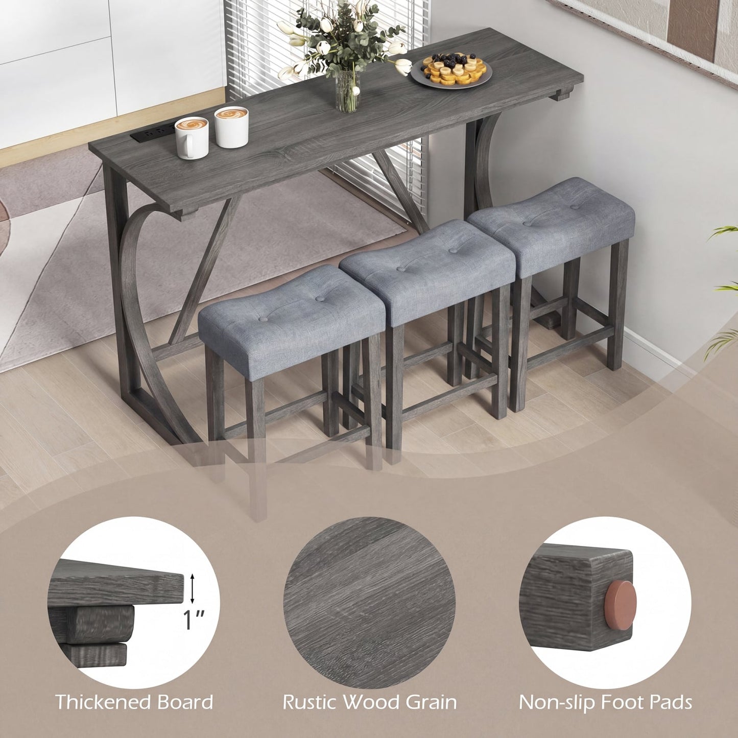 4-Piece Bar Table Set With Power Outlet, Black