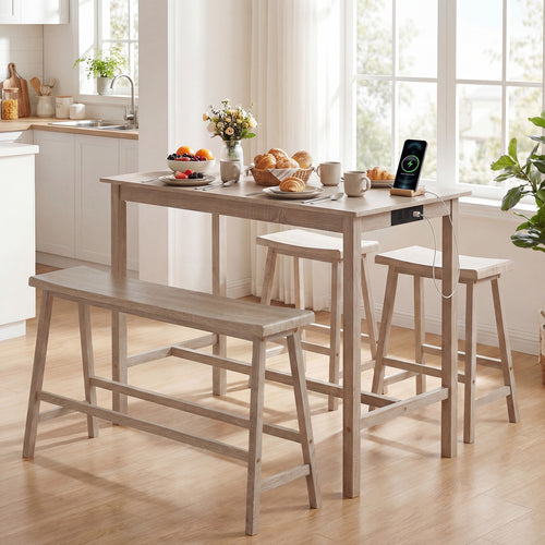 4-Piece Counter Height Dining Table Set, Solid Rubber Wood, Light Gray