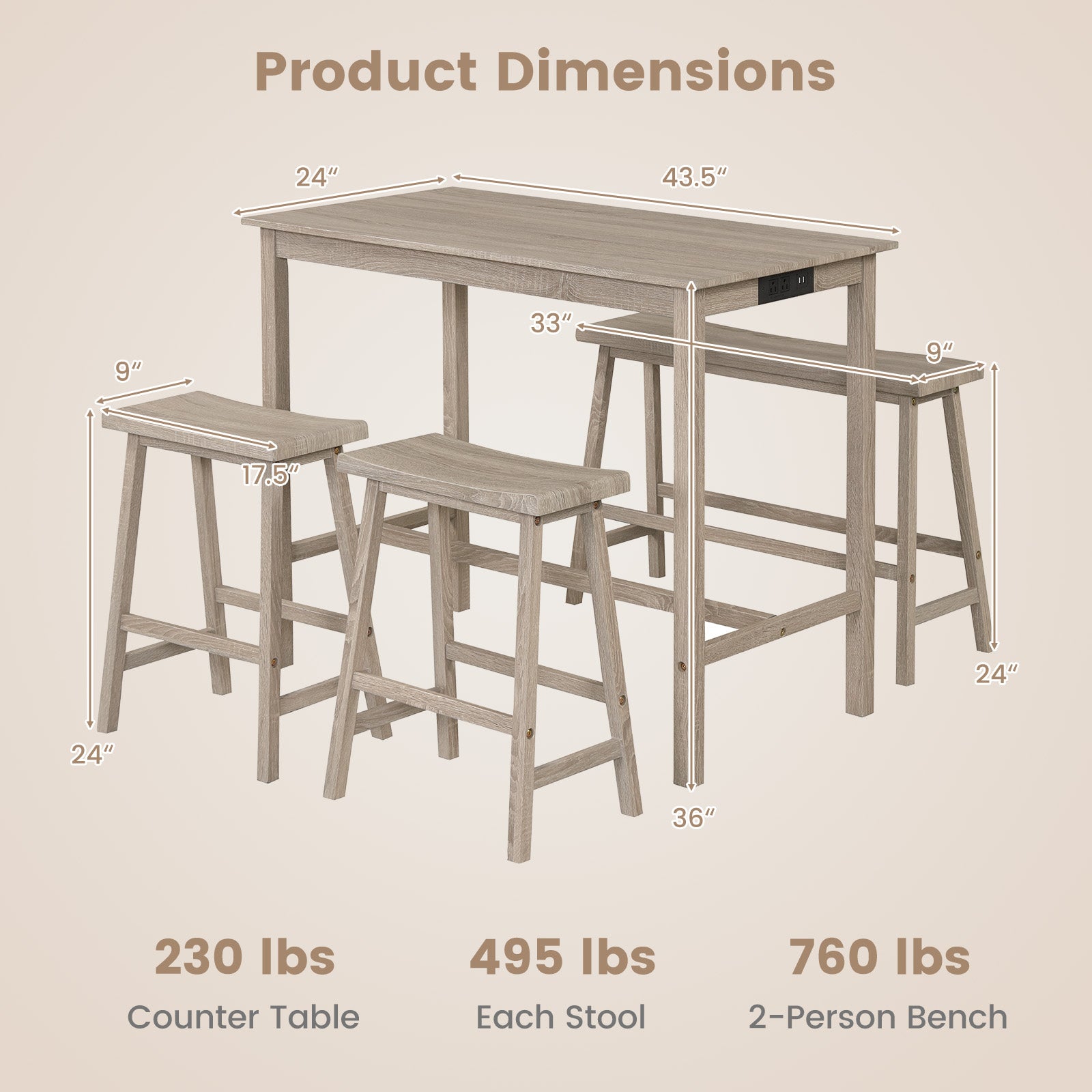 4-Piece Counter Height Dining Table Set, Solid Rubber Wood, Light Gray Dining Room Sets at Gallery Canada